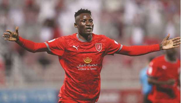 Al Duhailu2019s Michael Olunga celebrates his goal during the QNB Stars League match against Al Rayyan at Al Duhail Stadium yesterday.