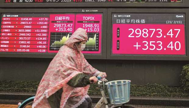 A woman riding a bicycle passes an electronic quotation board displaying share prices in Tokyo. The Nikkei 225 closed up 1.9% to 30,084.15 points yesterday.