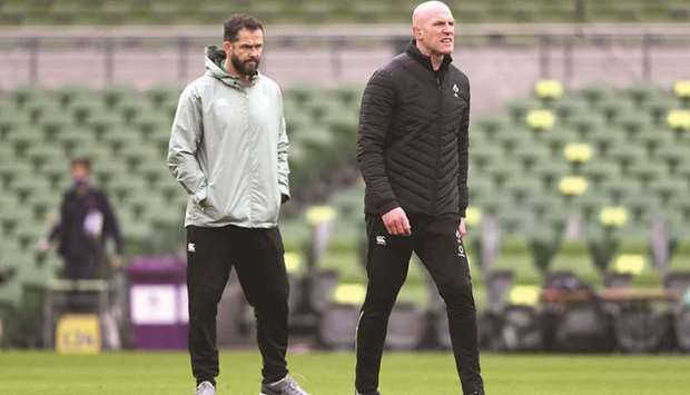 Irelandu2019s head coach Andy Farrell (left) with forwardu2019s coach Paul Ou2019Connell ahead of the Six Nations match against France at the Aviva Stadium in Dublin on Sunday. (AFP)