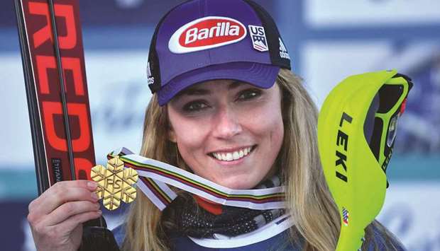 American Mikaela Shiffrin poses with her gold medal after winning the womenu2019s alpine combined event at the FIS Alpine World Ski Championships in Cortina du2019Ampezzo, Italian Alps, yesterday. (AFP)