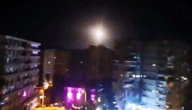 An image grab from a video being shared on social media that purportedly shows an airstrike in Damascus