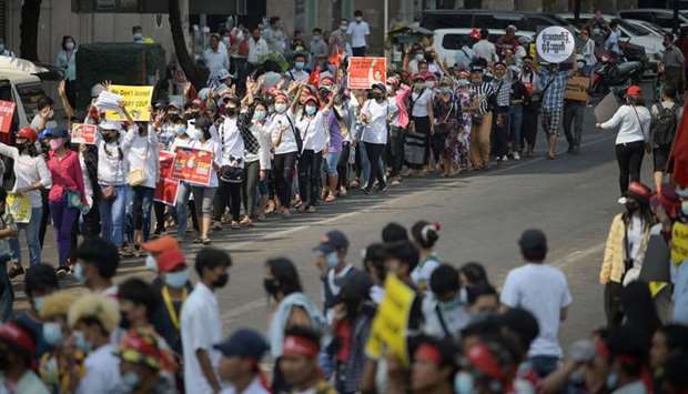 Demonstrators protest against the military coup in Yangon, Myanmar,