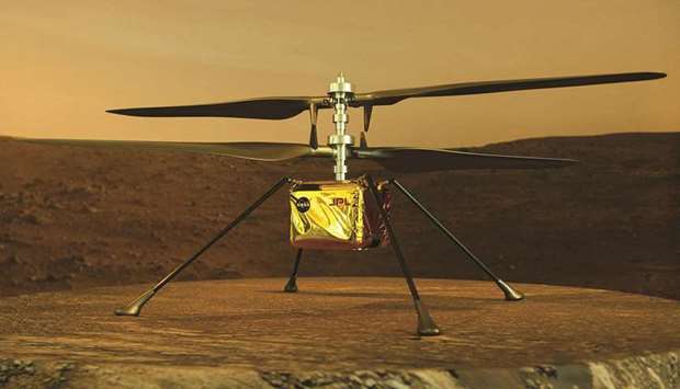 A full-scale model of the experimental Ingenuity Mars Helicopter, which will be carried under the Perseverance rover.