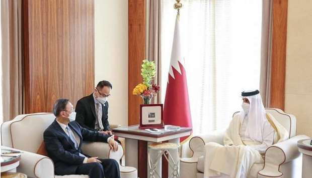 His Highness the Amir Sheikh Tamim bin Hamad Al-Thani receives a verbal message from the President of China Xi Jinping, conveyed by Yang Jiechi, member of the Political Bureau and Director of the Office of the Foreign Affairs Commission of the CPC Central Committee