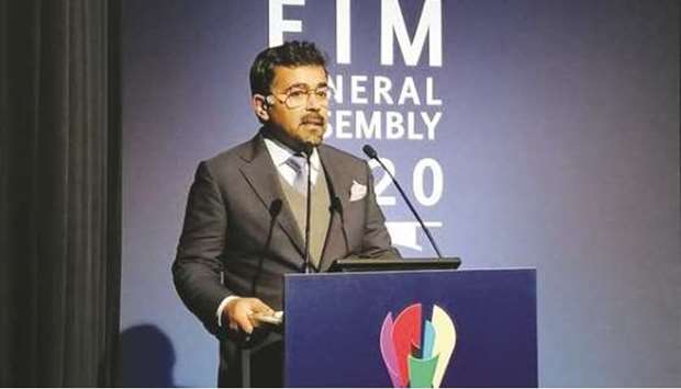 QMMF President and FIM board member Abdulrahman al-Mannai speaks during the FIM General Assembly in Geneva, Switzerland.