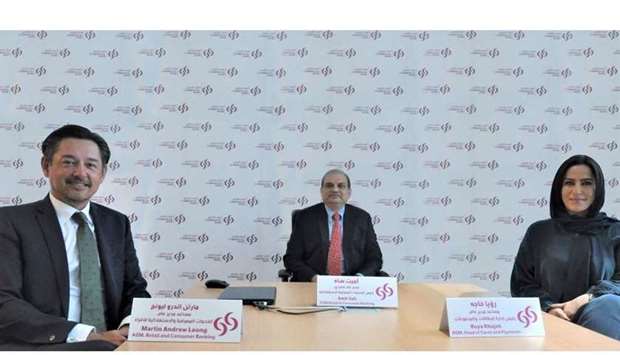 Sah (centre) with Khajeh (right) and Leong at an online media roundtable organised by Commercial Bank in Doha recently.
