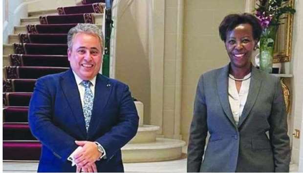 Qatar's ambassador to France and Qatar's representative to the International Organisation of La Francophonie Sheikh Ali bin Jassim al-Thani  with the Secretary-General of the International Organisation of La Francophonie Louise Mushikiwabo