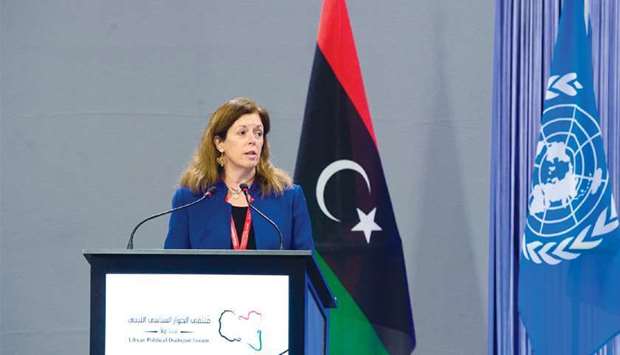 This handout picture made available by the United Nations (UN) shows acting UN envoy for Libya Stephanie Williams delivering remarks at the opening of the Libyan Political Dialogue Forum yesterday, at an undisclosed location near Geneva.