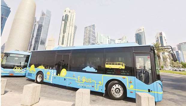 A Karwa electric bus is seen in Doha.