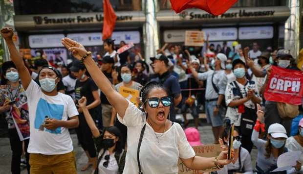 Protesters take part in a demonstration against the military coup in Yangon