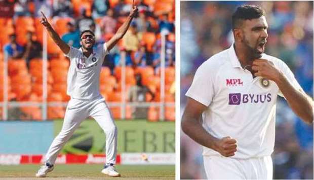 India spinners Axar Patel (left) and Ashwin celebrate after taking England wickets on the second day of the third Test in Ahmedabad yesterday. (BCCI)