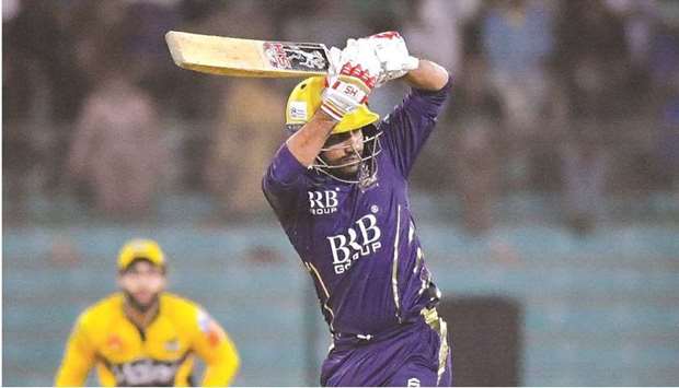 Quetta Gladiatorsu2019 Sarfaraz Ahmed in action during their PSL match against Peshawar Zalmi at the National Stadium in Karachi yesterday.