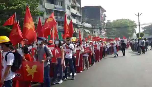 Protesters demonstrate against the military coup in Yangon, Myanmar