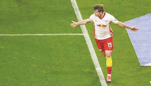 RB Leipzigu2019s Alexander Sorloth celebrates after scoring against Borussia Moenchengladbach yesterday. (AFP)