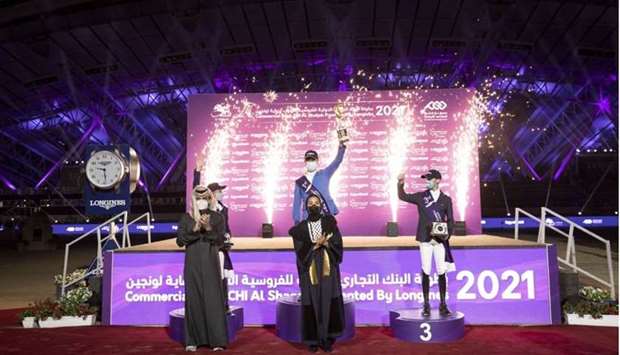 Her Highness Sheikha Moza bint Nasser crowned Grand Prix winner Christian Ahlmann of Germany, runner-up Olivier Robert of France and third-placed Niels Bruynseels of Belgium. She also honoured the companies sponsoring the championship.  PICTURES: A R al-Baker and Aisha al-Musallam
