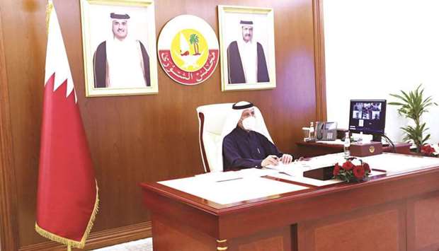 HE Ahmed bin Abdullah bin Zaid al-Mahmoud, Speaker of the Shura Council and President of the Gopac, addressing the conference via video conferencing.
