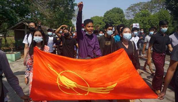 Students from Dagon University take part in a demonstration against the military coup in Yangon, Myanmar