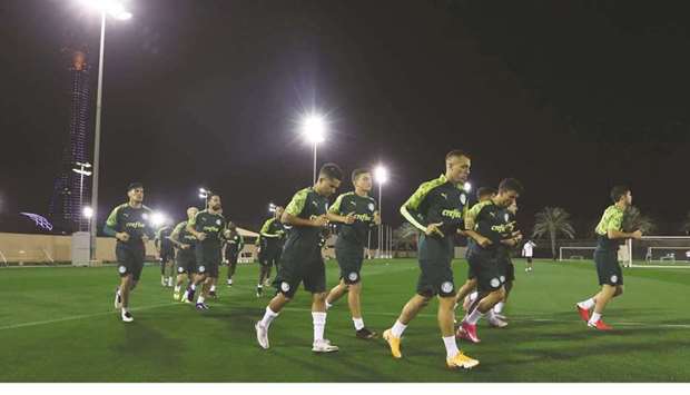 Brazilian club Palmeiras players train at the Aspire pitch yesterday.