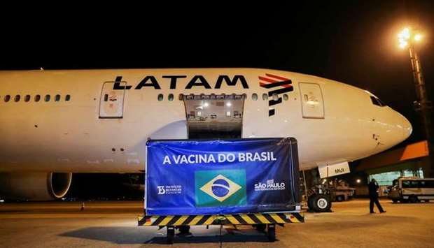 A refrigerated container with doses of the #CoronaVac, #SinovacBiotech's vaccine against the coronavirus disease, is pictured after being unloaded at Viracopos International Airport, in Campinas, Brazil on February 4