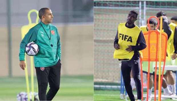 Al Duhail coach Sabri Lamouchi watches as star player Almoez Ali (Right) goes through his drills at a training session yesterday.