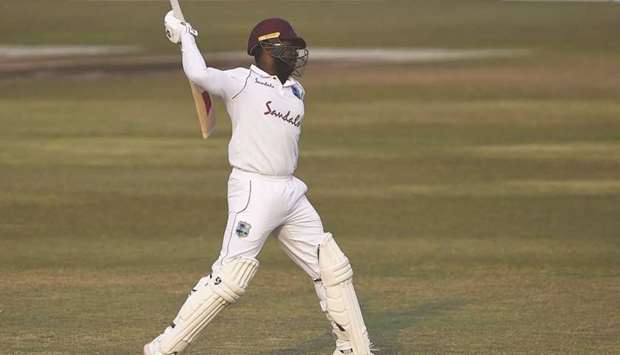 West Indiesu2019 Kyle Mayers reacts after winning the first Test against Bangladesh on the fifth day at the Zohur Ahmed Chowdhury Stadium in Chittagong yesterday. (AFP)