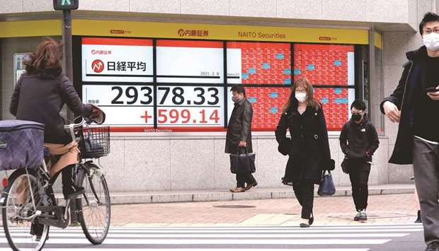 Pedestrians walk past an electronic quotation board displaying share prices in Tokyo. The Nikkei 225 closed up 2.1% to 29,388.50 points yesterday.