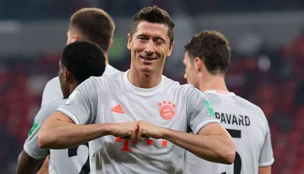 Bayern Munich's Polish forward Robert Lewandowski celebrates his second goal