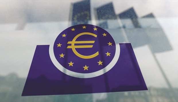 The ECB logo is seen in Frankfurt. The EU executive said GDP in the single currency bloc would grow by 4.0% this year, instead of the 4.3% forecast only three months ago. Inflation would increase to a much stronger than expected 3.5% in 2022.