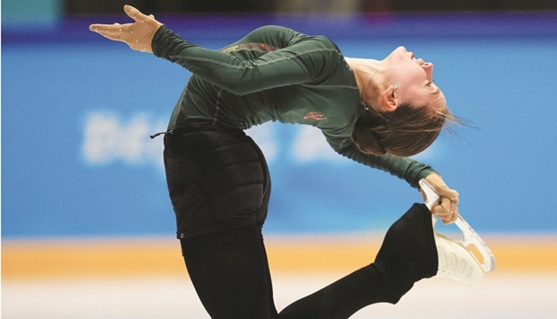 Russiau2019s figure skater Kamila Valieva trains at the Rink Capital Indoor Stadium in Beijing yesterday. (Reuters)