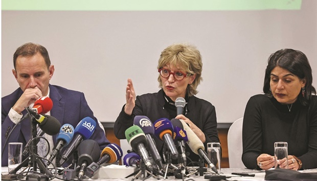 Agnes Callamard, the Secretary-General of Amnesty International (centre) attends a press conference together with Middle East and North Africa Research and Advocacy Director Philip Luther (left) and activist Orly Noy in Jerusalem, yesterday.