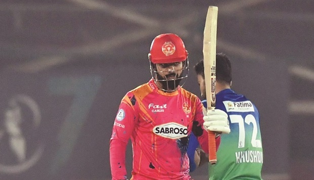 Islamabad United captain Shadab Khan during his knock of 91 against Multan Sultans during their Pakistan Super League match in Karachi.