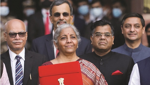 Indiau2019s Finance Minister Nirmala Sitharaman leaves her office to present the federal budget in the parliament in New Delhi, India.