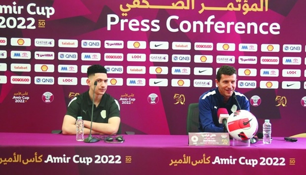 Al Sadd coach Javi Gracia (right) and midfielder Moustafa Tarek address a press conference Saturday