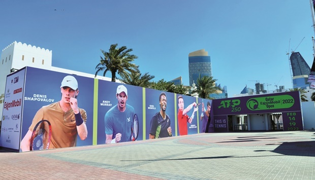 The main entrance for fans at the iconic Khalifa Tennis and Squash Complex in Doha yesterday. The 2022 Qatar ExxonMobil Open starts on Monday.