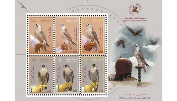 A set of six special postal stamps, launched by the Qatar Olympic Committee president recently, depict a Peregrine falcon and a Sakar falcon which won the three first places at the 2021 Al Mazayen (falcon beauty) championship.