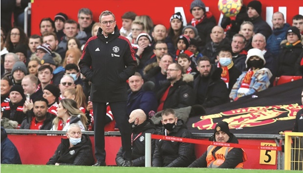 Manchester United interim manager Ralf Rangnick during their Premier League match against Southampton at the Old Trafford in Manchester, Britain, on  Saturday. (Reuters)
