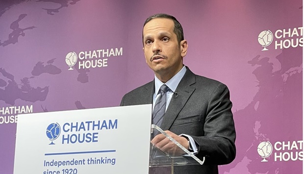 HE the Deputy Prime Minister and Minister of Foreign Affairs Sheikh Mohamed bin Abdulrahman al-Thani at the Chatham House event in the UK Wednesday