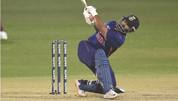 Indiau2019s Rishabh Pant plays a shot during the second Twenty20 match against West Indies at the Eden Gardens in Kolkata yesterday. (AFP)
