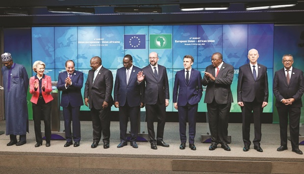 (L-R) Nigeria President Muhammadu Buhari, European Commission President Ursula von der Leyen, Egyptian President Abdel Fattah el-Sisi, President of South Africa, Cyril Ramaphosa, President of Senegal and Africa Union chairperson, Macky Sall, European Council President Charles Michel, French President Emmanuel Macron, President of Kenya, Uhuru Kenyatta, President of Tunisia, Kau00efs Saied and WHO Director-General, Dr Tedros Adhanom Ghebreyesus pose at the start of the second day of a European Union (EU) African Union (AU) summit at The European Council Building in Brussels, yesterday.