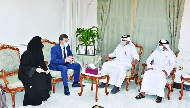 Qatar Chamber first vice chairman Mohamed bin Towar al-Kuwari in a huddle with Arbi Abubakarov, the deputy chairman of the Committee for External Relations of Saint-Petersburg and the head of Russiau2019s Foreign Economic Co-operation Department. They were joined by Giunel Ismailova, the director of International Business Development at Ginza Project during the meeting.
