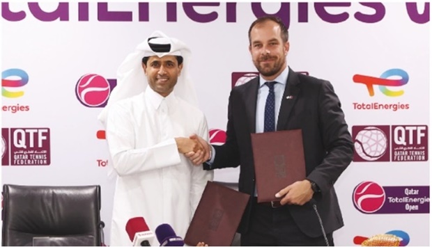 QTSBF president Nasser bin Ghanim al-Khelaifi (left) and TotalEnergies EP Qatar Managing Director & Country Chair Matthieu Bouyer after signing the agrement ceremony on Sunday.
