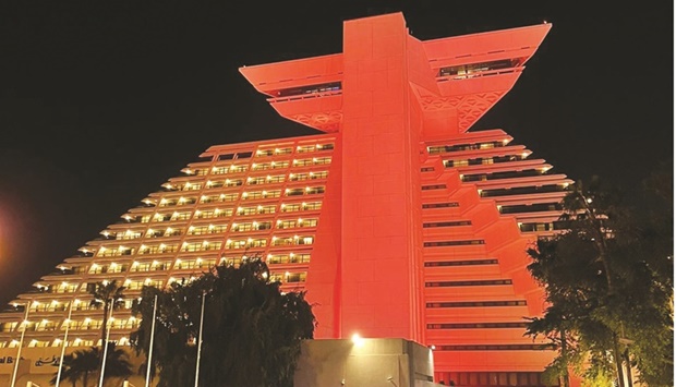 Doha Sheraton lit in orange to mark World Cancer Day.