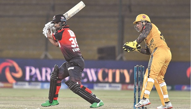 Lahore Qalandars batsman Fakhar Zaman square cuts a delivery during his knock of 66 against Peshawar Zalmi on day nine of the Pakistan Super League (PSL) in Karachi yesterday.
