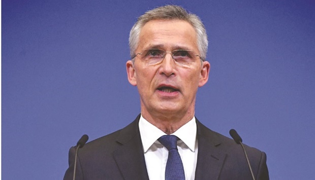 Nato Secretary-General Jens Stoltenberg gives a press briefing following a extraordinary meeting of the Nato-Ukraine commission about the situation between Ukraine and Russia, at Nato headquarters in Brussels yesterday. AFP