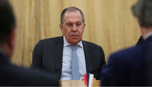 Russian Foreign Minister Sergei Lavrov attends a meeting with U.N. Special Envoy for Syria Geir Pedersen in Moscow, Russia February 23, 2022.