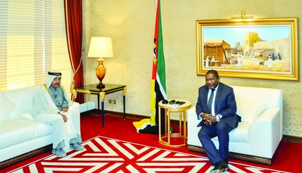 QBA Chairman HE Sheikh Faisal bin Qassim al-Thani and Mozambique President Felipe Jacinto Nyusi during a meeting in Doha.