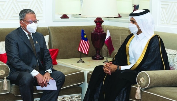 Qataru2019s Minister of State for Energy Affairs HE Saad bin Sherida al-Kaabi meets with Dato' Sri Mustapa bin Mohamed, the Minister in the Malaysian Prime Ministeru2019s Department.
