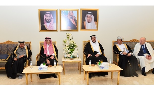 Saudi ambassador Prince Mansour bin Khalid bin Farhan al-Saud is flanked by Qatar's Minister of Commerce and Industry HE Sheikh Mohammed bin Hamad bin Qassim al-Thani, HE Sheikh Faisal bin Qassim al-Thani, and other dignitaries at the event Wednesday. PICTURE: Shaji Kayamkulam.