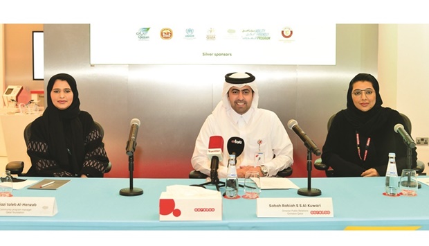 (From left) Aljazi taleb al-Henzab, Sabah Rabiah al-Kuwari, and Moza Khalid M M al-Muhannadi at the press conference, held at Ooredoo Tower on Thursday. PICTURE: Shaji Kayamkulam.