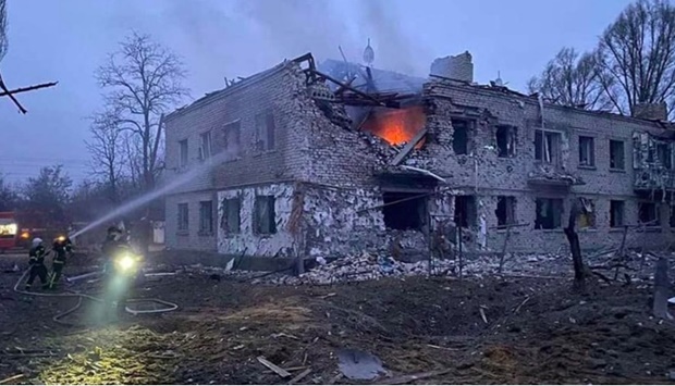 A view shows a destroyed building after shelling in the town of Starobilsk in the Luhansk region, Ukraine, in this handout picture released February 25, 2022.